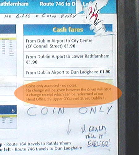 Dublin Bus ticket details at Dublin Airport