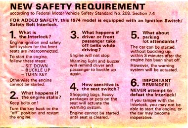 Interlock warning label from Volkswagen Karmann Ghia