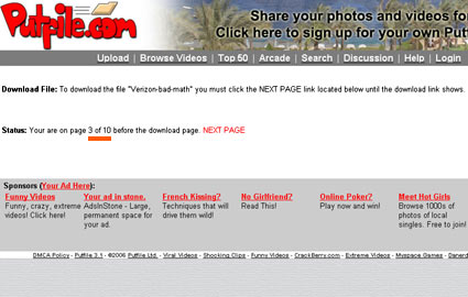 Putfile system requires users to click-through 10 pages of ads